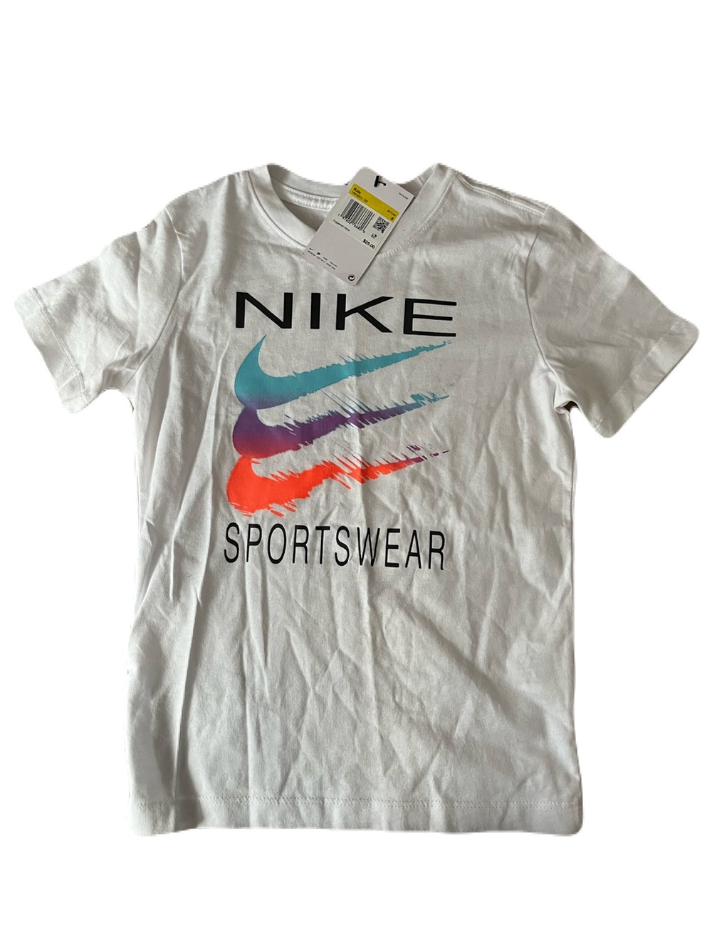 Nike White Tee with Gradient Teal‑Purple‑Orange Swooshes